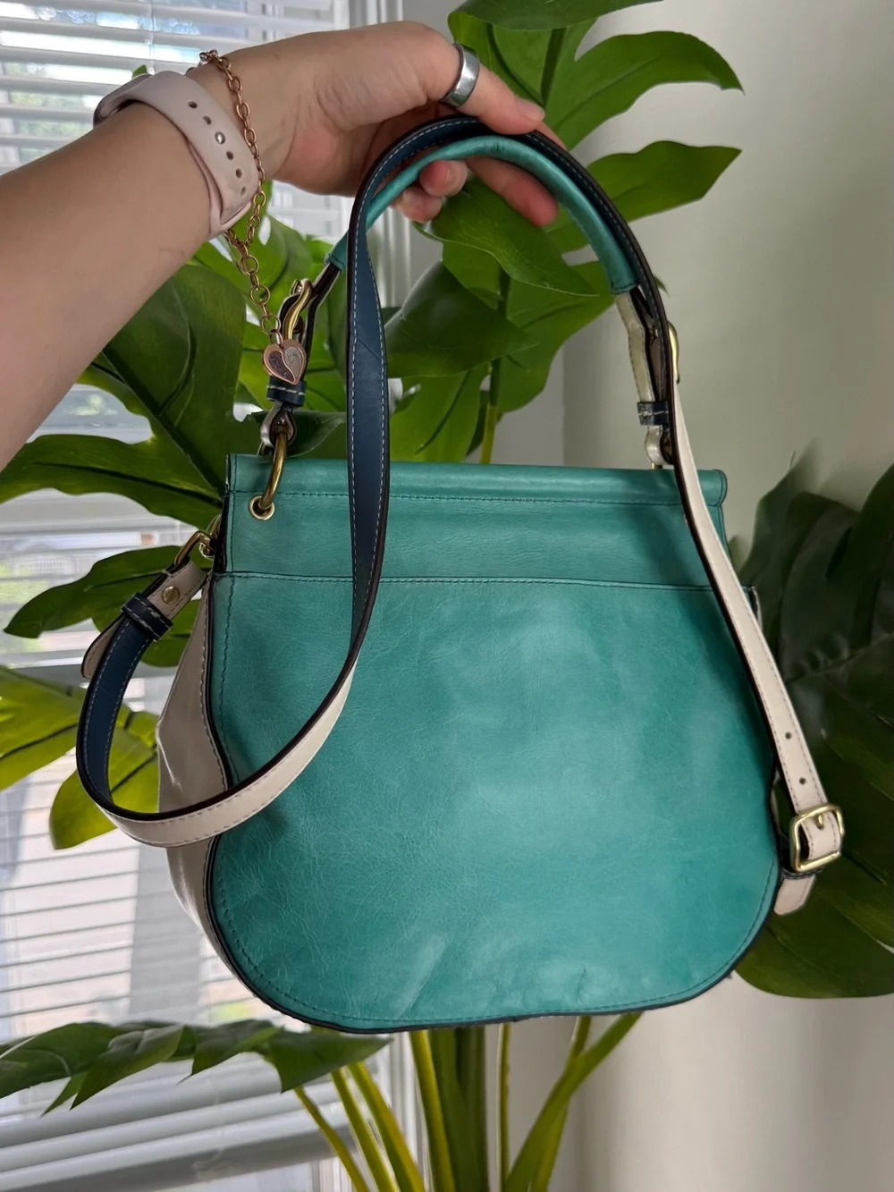 Coach Teal Leather Satchel with Tassel and Gold Hardware